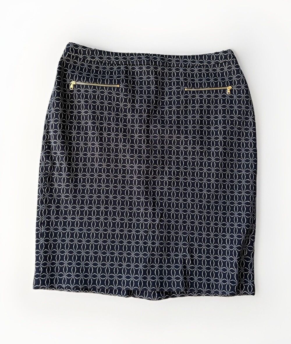 Talbots Size 12 Knit Pencil Skirt Navy Blue White Geometric Gold Zipper Pockets